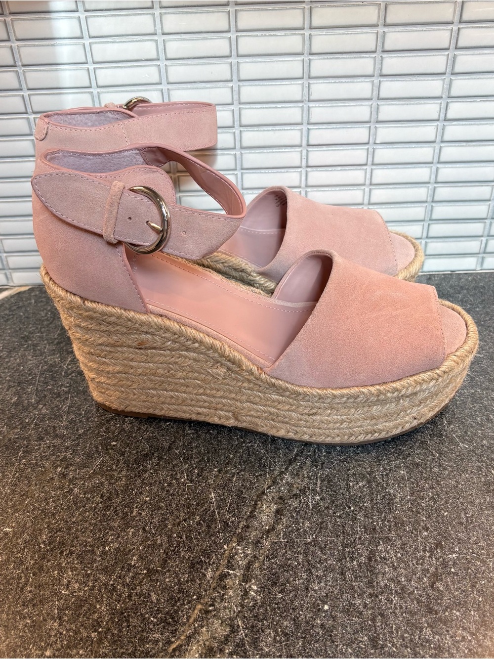 Marc Fisher Pink Suede Espadrille Wedge Sandals with Ankle Buckle - Picture 2 of 8